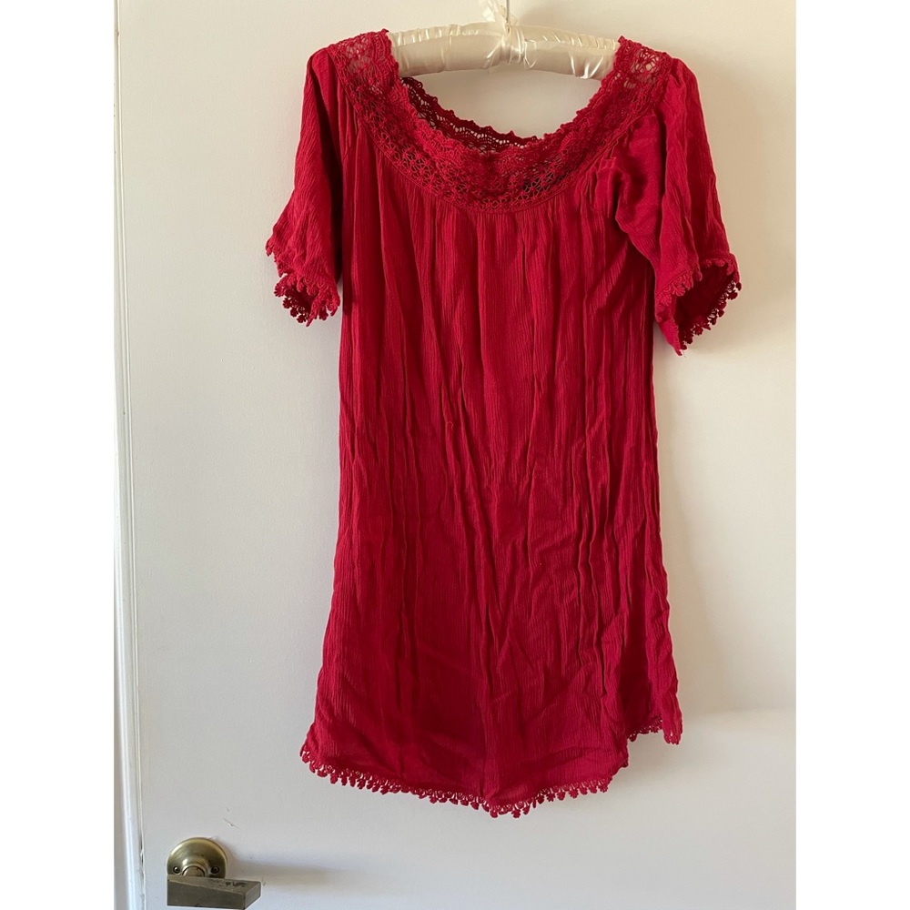 Red off-the-shoulder shift dress